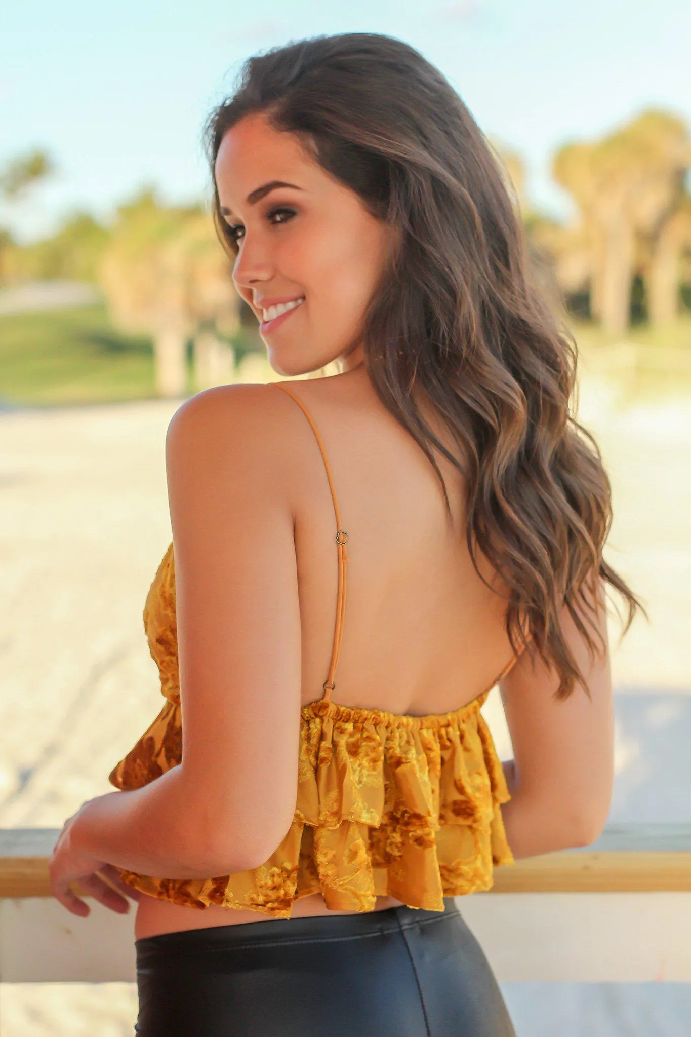 Mustard Velvet Ruffle Top