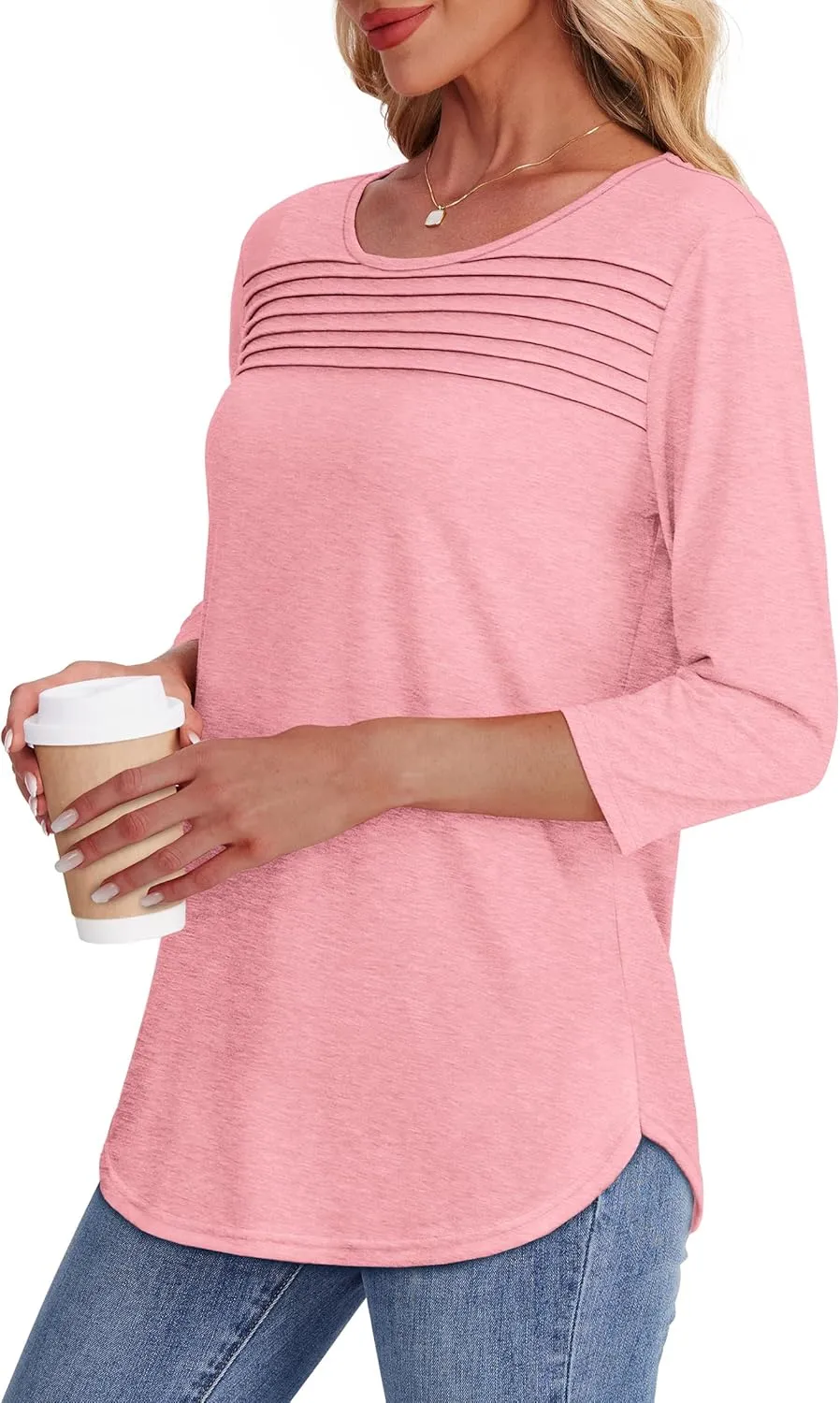 OFEEFAN Womens Tops 3/4 Length Sleeve Blouses Dressy Casual Spring Summer Outfits Pleated Front T Shirts Curved Hem