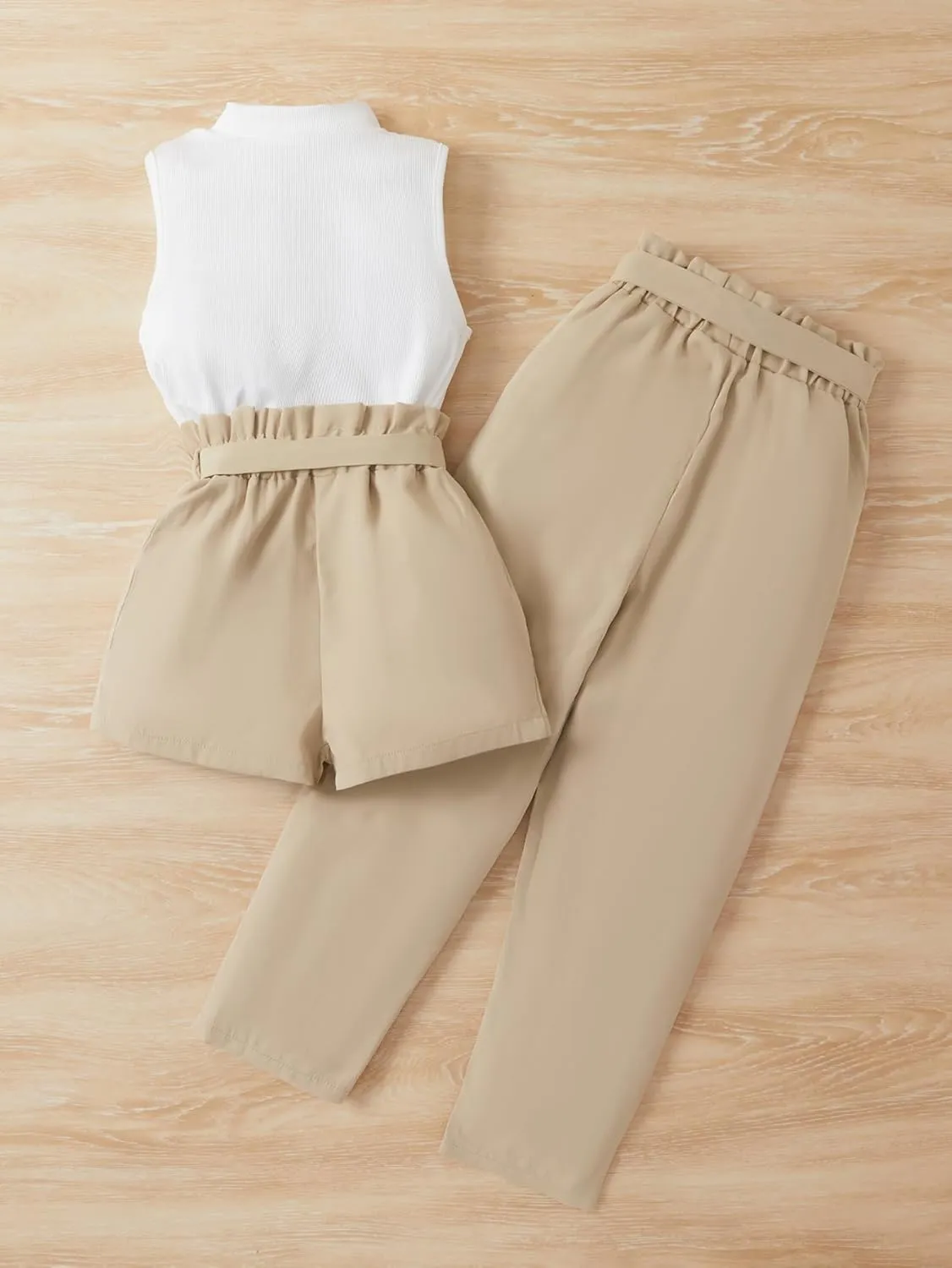 OYOANGLE Girl's 3 Piece Outfits Tank Top and Paperbag Waist Pants and Belted Shorts Sets with Pockets Cute Clothing Set