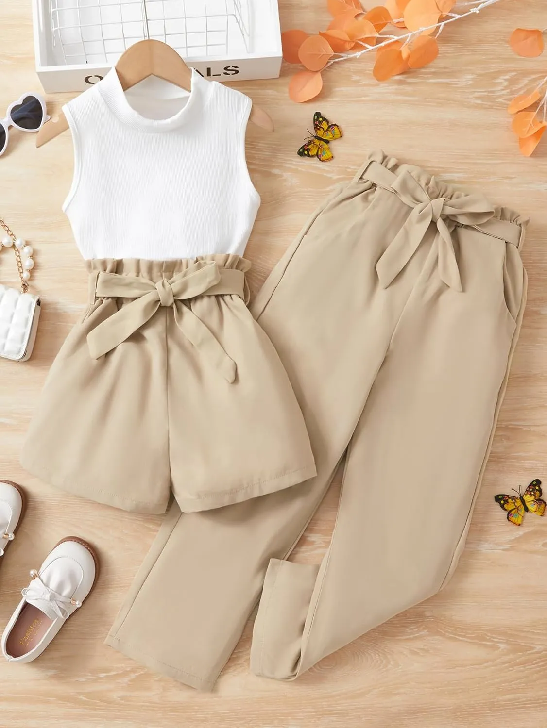 OYOANGLE Girl's 3 Piece Outfits Tank Top and Paperbag Waist Pants and Belted Shorts Sets with Pockets Cute Clothing Set