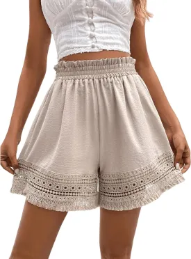 OYOANGLE Women's Boho Style Paperbag Waist Lace Fringe Wide Leg Shorts Casual Loose Fit Beach Shorts