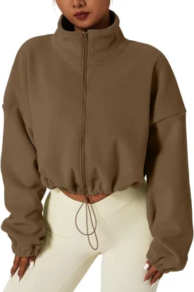 QINSEN Women's Full Zip Fleece Short Jacket Warm Winter Long Sleeve Stand Collar Sherpa Crop Coat