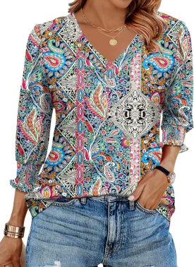Rapbin 3/4 Length Sleeve Womens Tops Summer Trendy Puff-Sleeve V-Neck Blouses Dressy Casual Textured Smocked T-Shirt