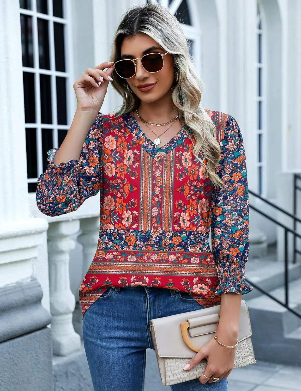 Rapbin 3/4 Length Sleeve Womens Tops Summer Trendy Puff-Sleeve V-Neck Blouses Dressy Casual Textured Smocked T-Shirt