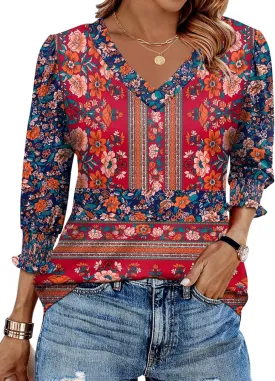 Rapbin 3/4 Length Sleeve Womens Tops Summer Trendy Puff-Sleeve V-Neck Blouses Dressy Casual Textured Smocked T-Shirt