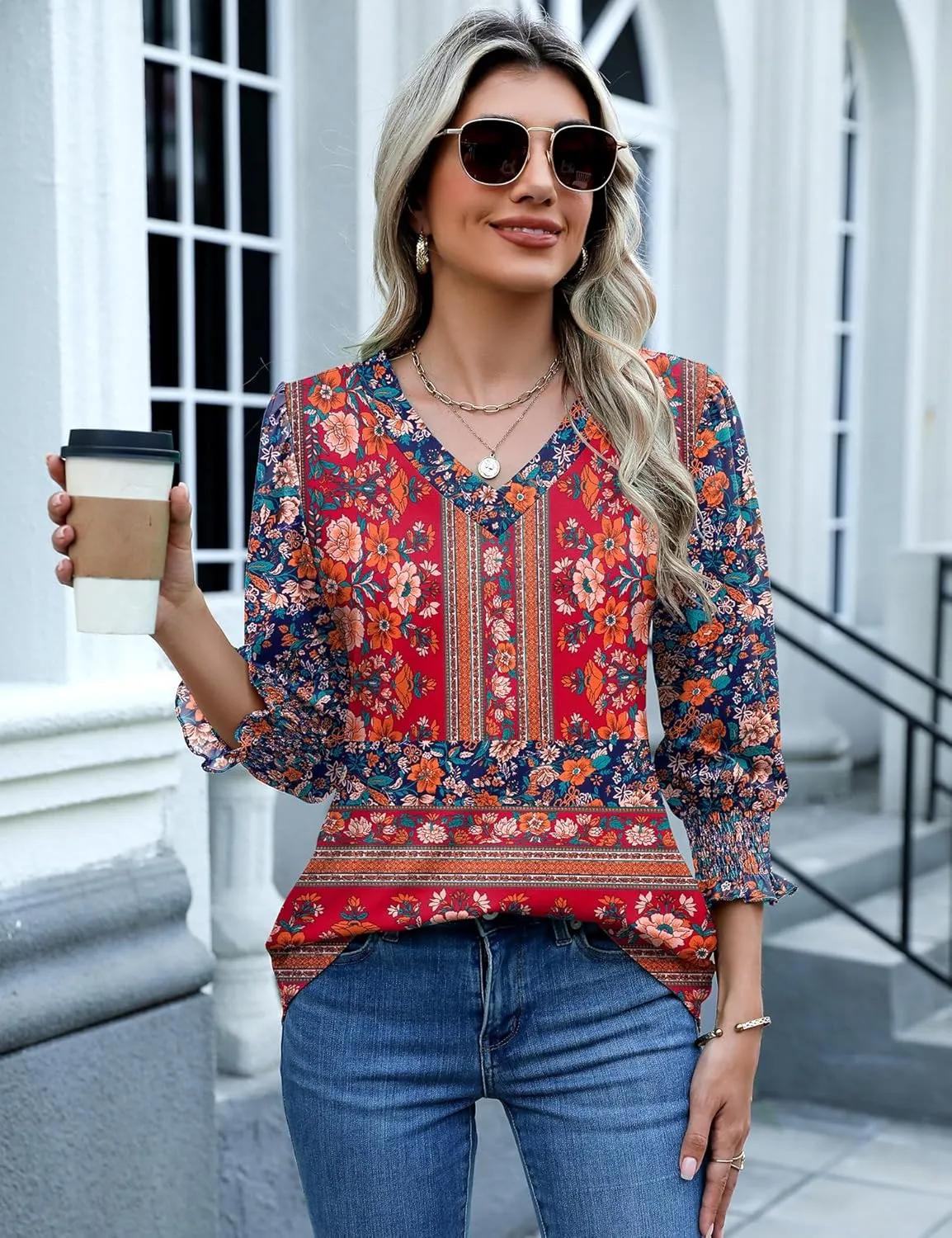 Rapbin 3/4 Length Sleeve Womens Tops Summer Trendy Puff-Sleeve V-Neck Blouses Dressy Casual Textured Smocked T-Shirt