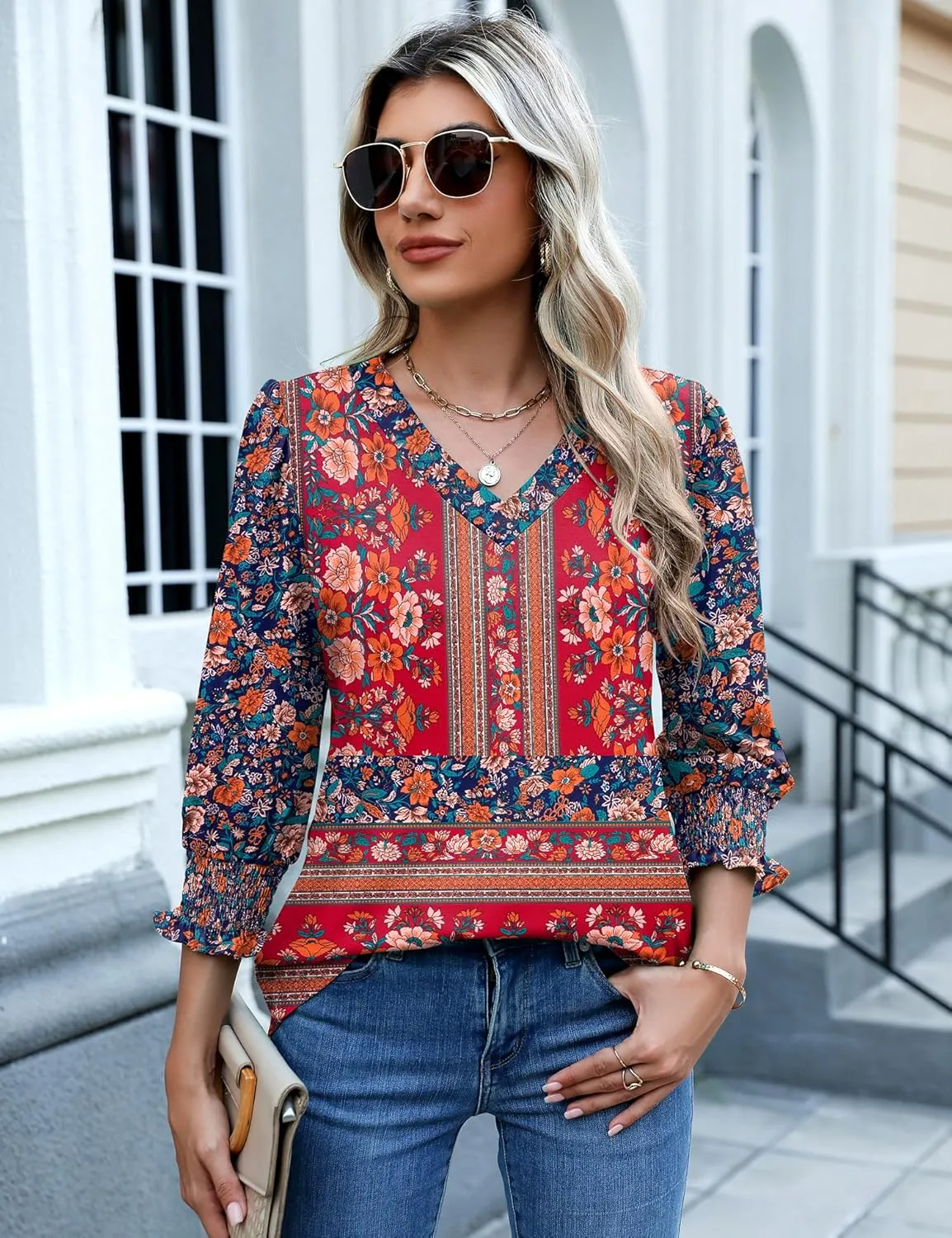 Rapbin 3/4 Length Sleeve Womens Tops Summer Trendy Puff-Sleeve V-Neck Blouses Dressy Casual Textured Smocked T-Shirt