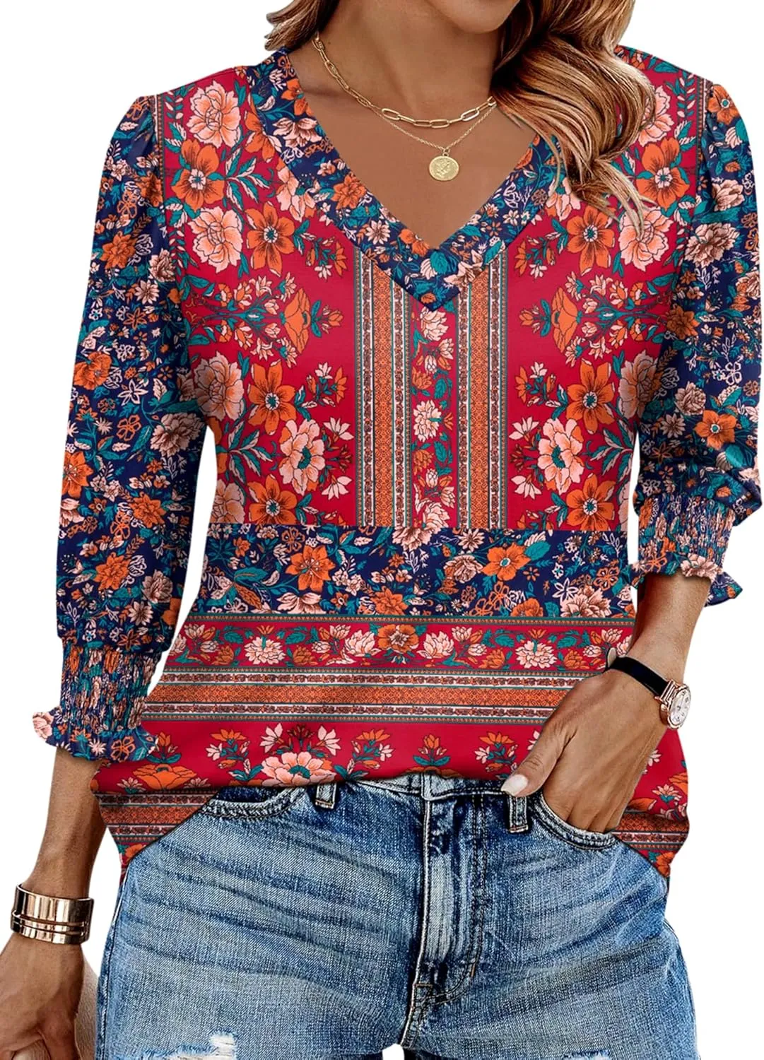 Rapbin 3/4 Length Sleeve Womens Tops Summer Trendy Puff-Sleeve V-Neck Blouses Dressy Casual Textured Smocked T-Shirt