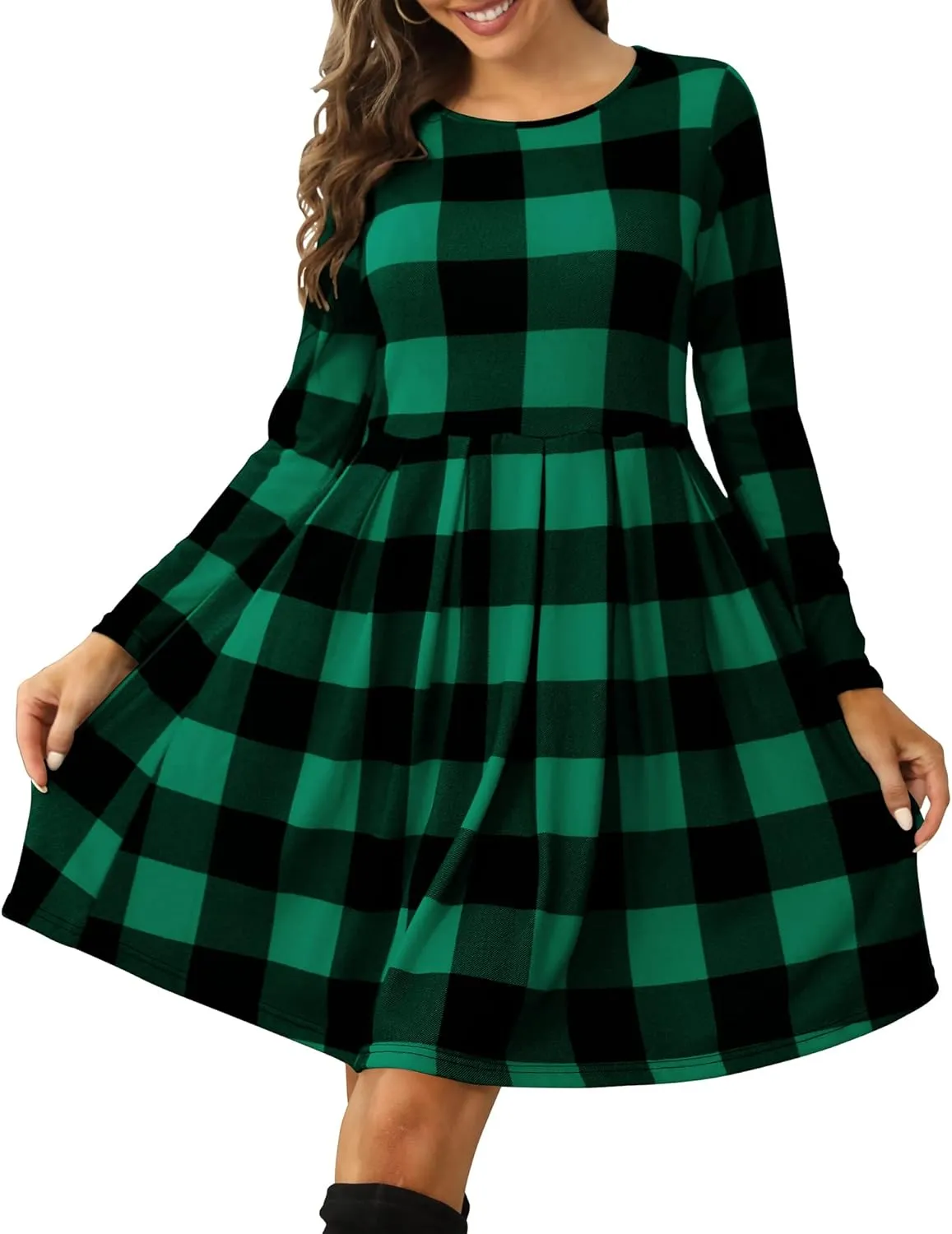 Roselux Women's Long Sleeve Pleated Loose Swing Casual Dress with Pockets Knee Length