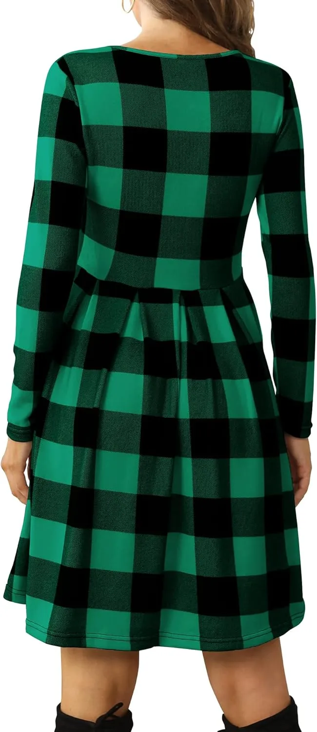 Roselux Women's Long Sleeve Pleated Loose Swing Casual Dress with Pockets Knee Length