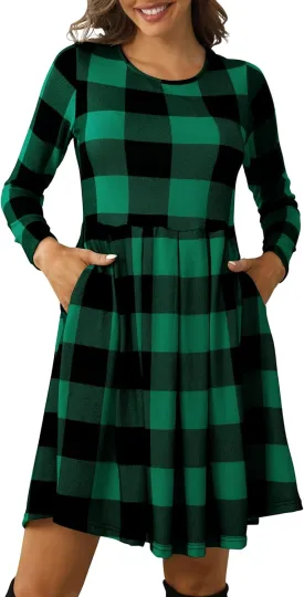 Roselux Women's Long Sleeve Pleated Loose Swing Casual Dress with Pockets Knee Length