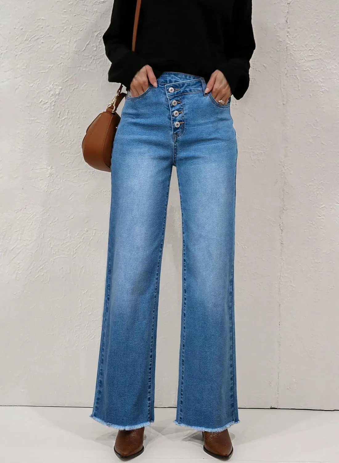 Sidefeel Women's Wide Leg Jeans High Waisted Stretchy Baggy Raw Hem Crossover Button Denim Pants