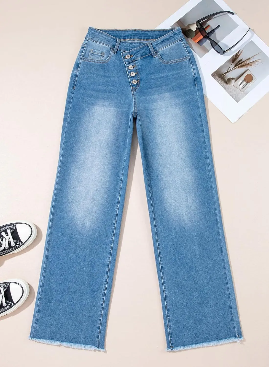 Sidefeel Women's Wide Leg Jeans High Waisted Stretchy Baggy Raw Hem Crossover Button Denim Pants