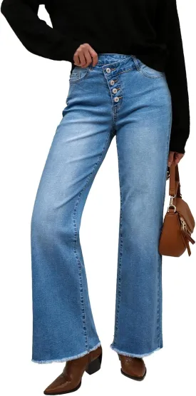 Sidefeel Women's Wide Leg Jeans High Waisted Stretchy Baggy Raw Hem Crossover Button Denim Pants