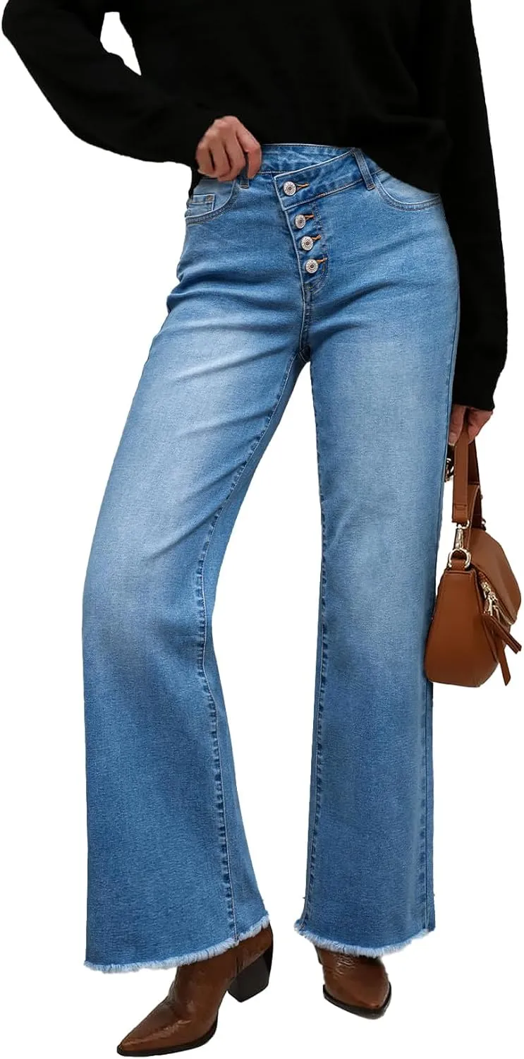 Sidefeel Women's Wide Leg Jeans High Waisted Stretchy Baggy Raw Hem Crossover Button Denim Pants