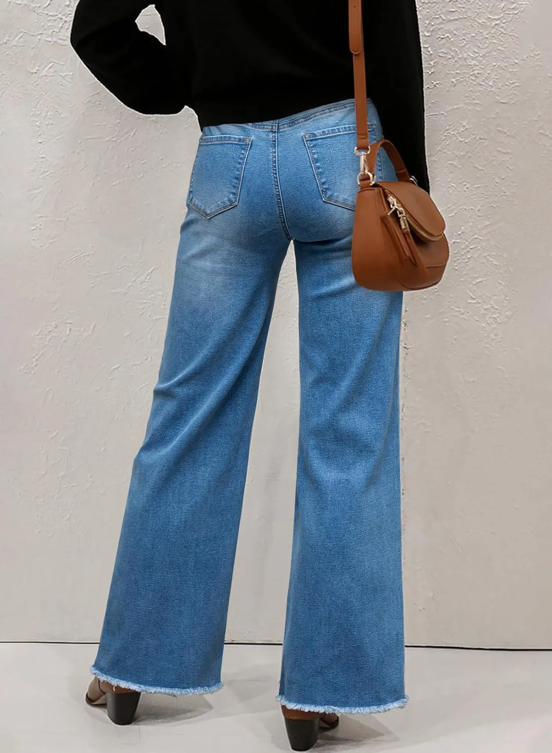 Sidefeel Women's Wide Leg Jeans High Waisted Stretchy Baggy Raw Hem Crossover Button Denim Pants