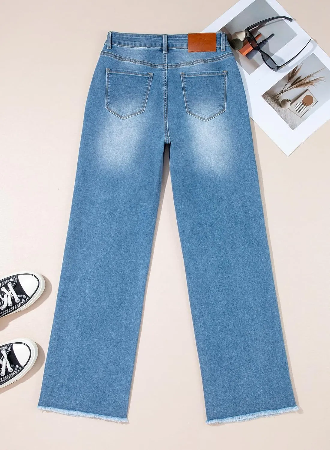 Sidefeel Women's Wide Leg Jeans High Waisted Stretchy Baggy Raw Hem Crossover Button Denim Pants
