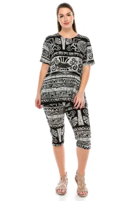 Stretchy Capri Pant Set Short Sleeve Print-9003BN-SRP1-W901