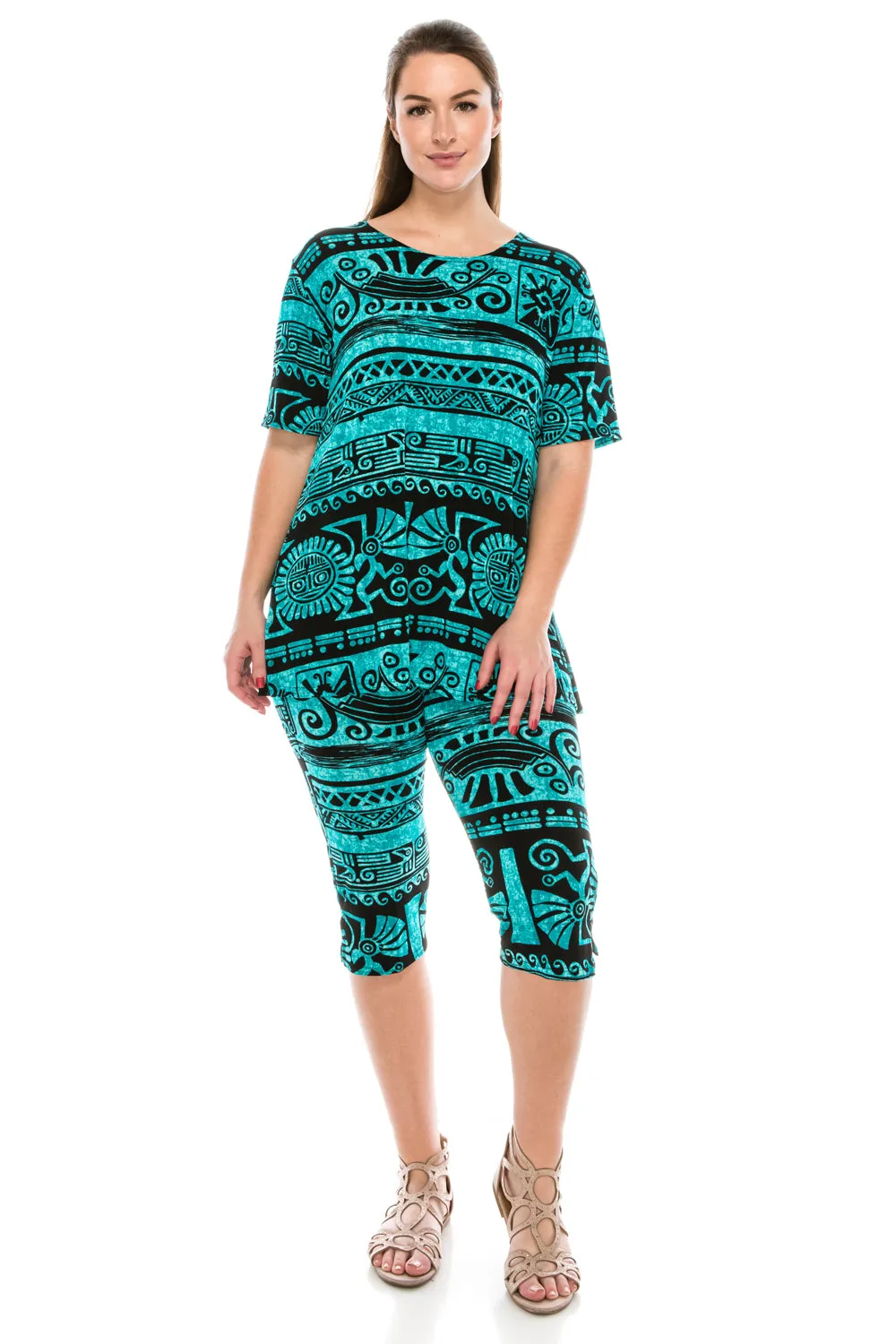 Stretchy Capri Pant Set Short Sleeve Print-9003BN-SRP1-W901