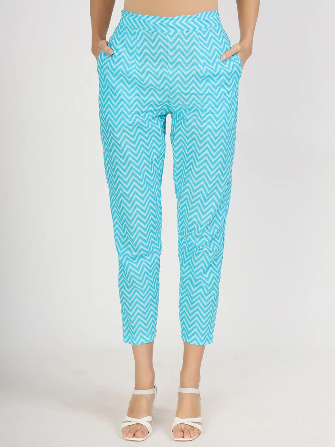 Turquoise Blue Floral Print Cotton Kurta Pants With Dupatta Set For Women