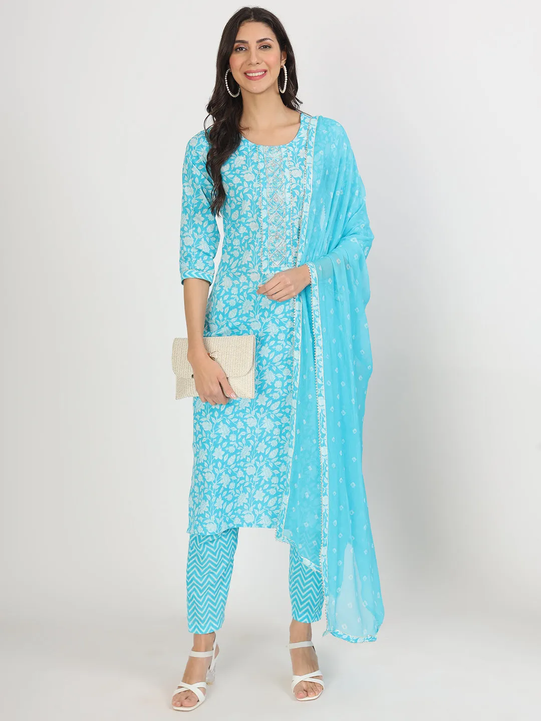 Turquoise Blue Floral Print Cotton Kurta Pants With Dupatta Set For Women