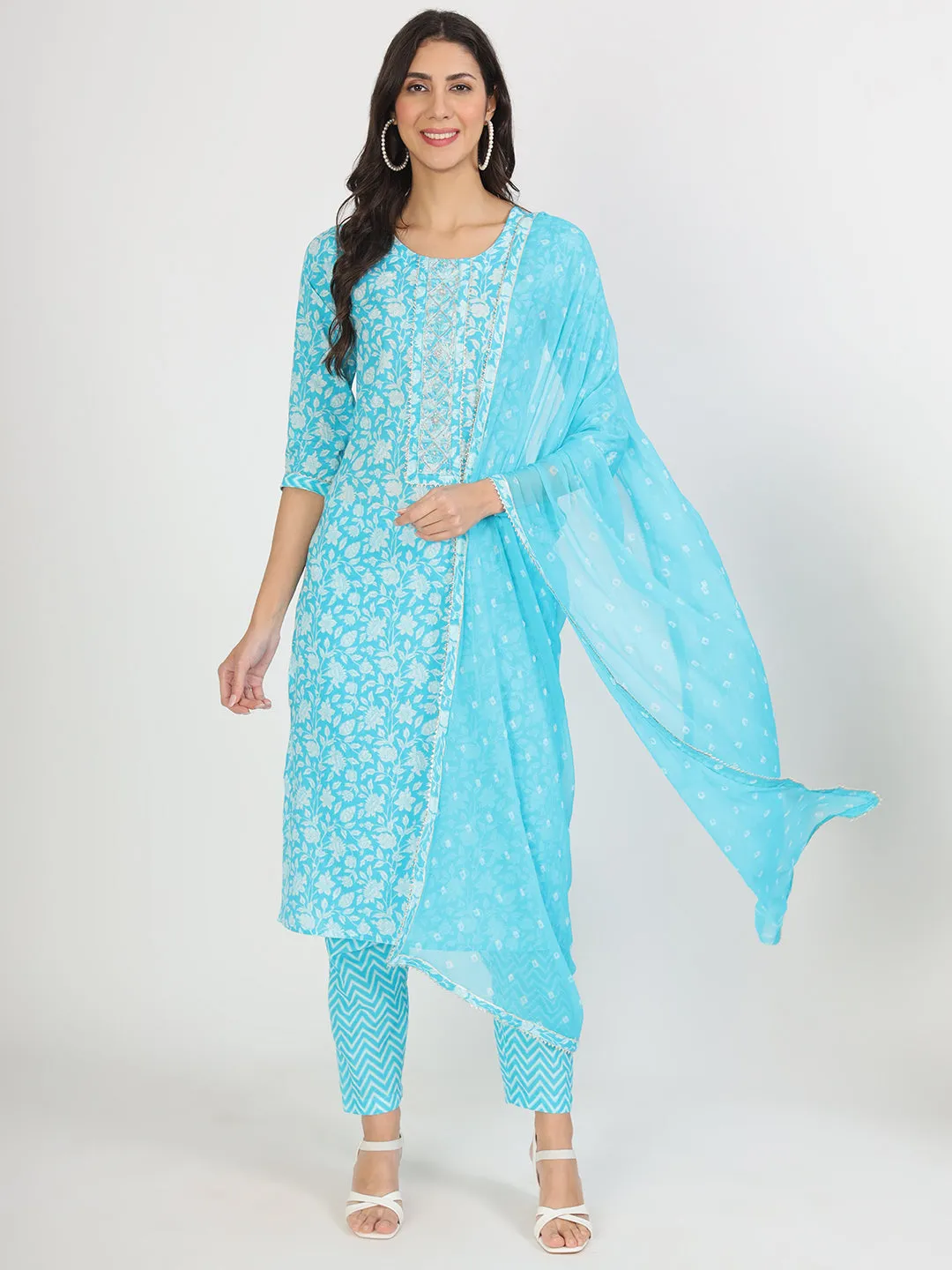 Turquoise Blue Floral Print Cotton Kurta Pants With Dupatta Set For Women