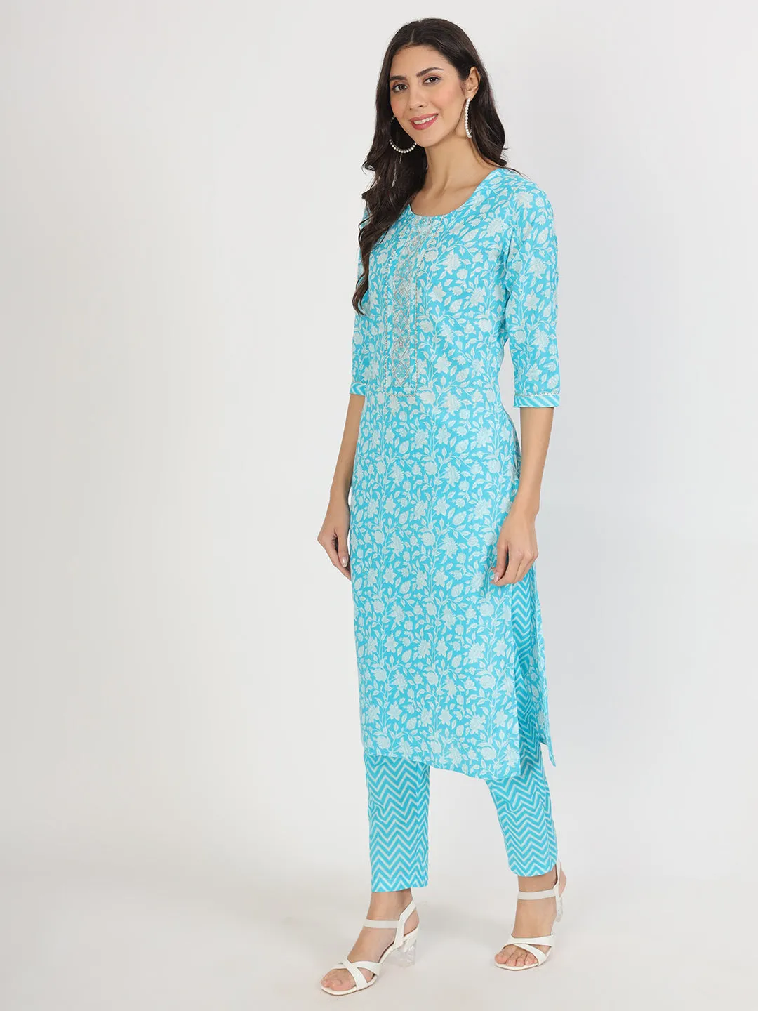 Turquoise Blue Floral Print Cotton Kurta Pants With Dupatta Set For Women