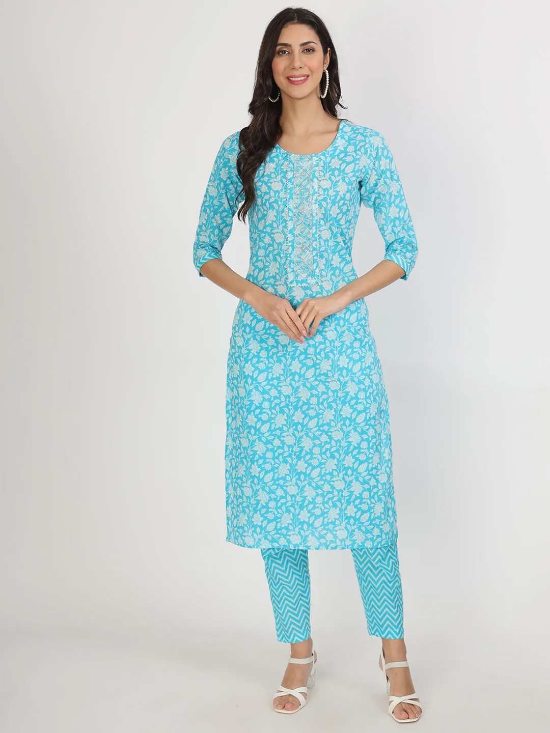 Turquoise Blue Floral Print Cotton Kurta Pants With Dupatta Set For Women