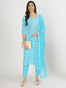 Turquoise Blue Floral Print Cotton Kurta Pants With Dupatta Set For Women