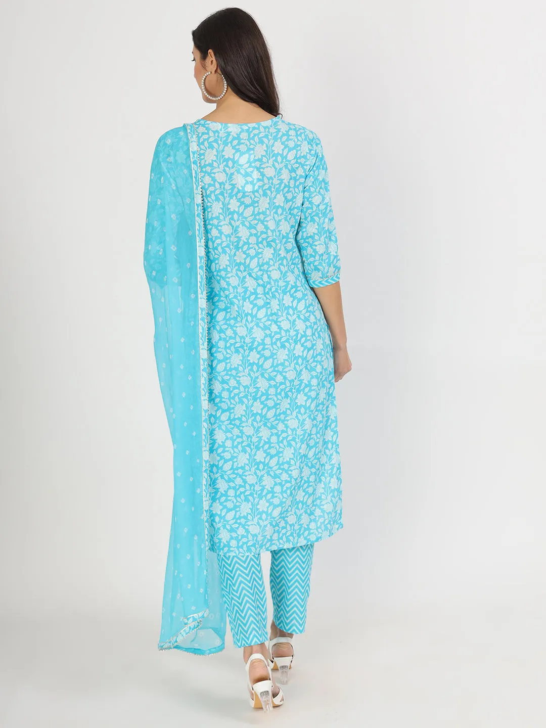 Turquoise Blue Floral Print Cotton Kurta Pants With Dupatta Set For Women