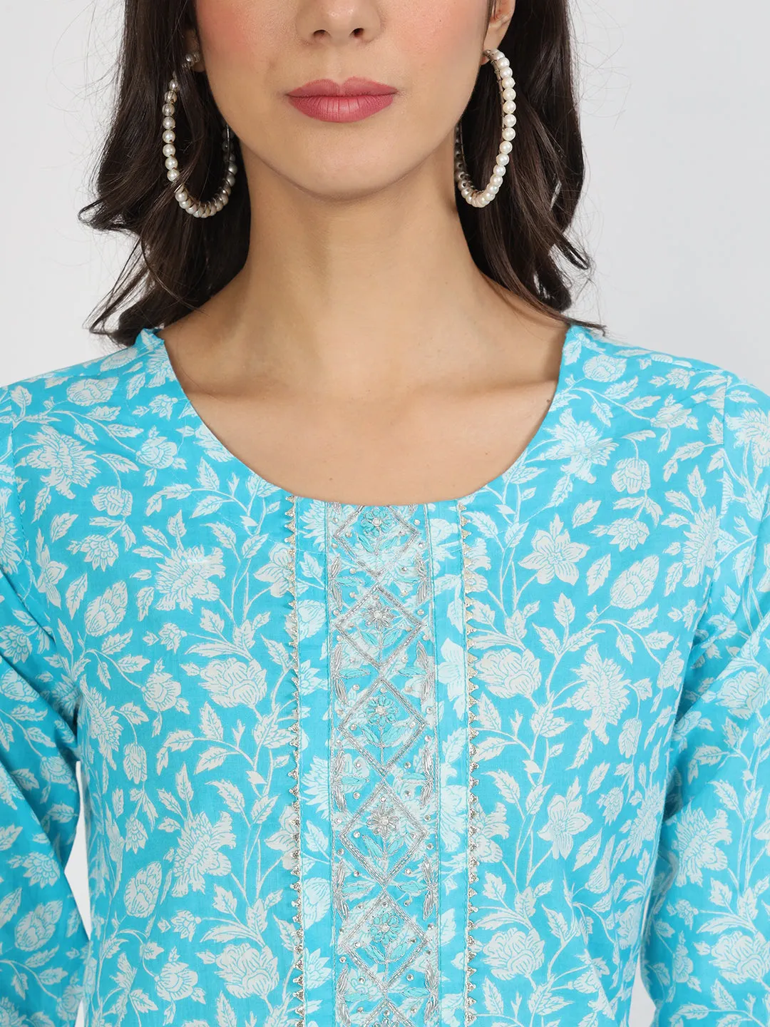 Turquoise Blue Floral Print Cotton Kurta Pants With Dupatta Set For Women