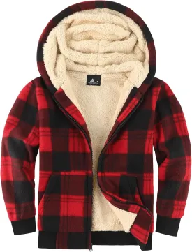 V VALANCH Boys Zipper Hoodie Kid Fleece Lined Plaid Flannel Jacket Winter Coat