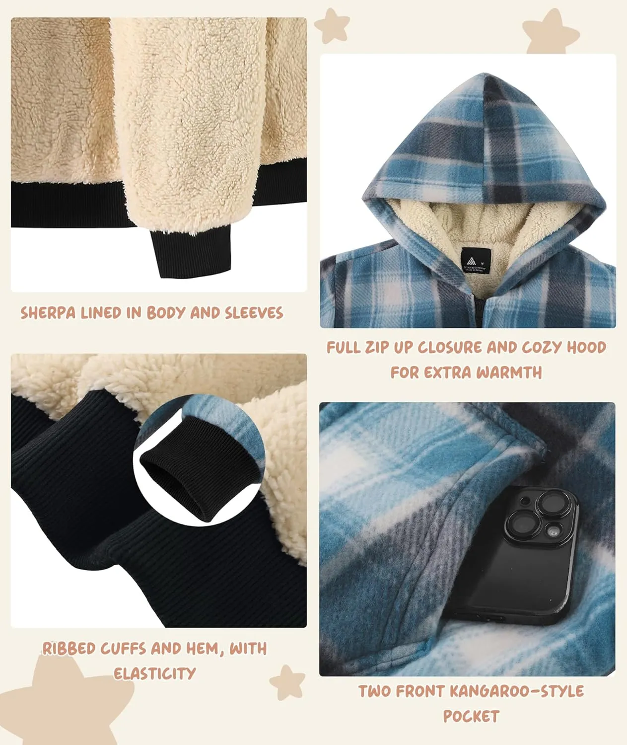 V VALANCH Boys Zipper Hoodie Kid Fleece Lined Plaid Flannel Jacket Winter Coat