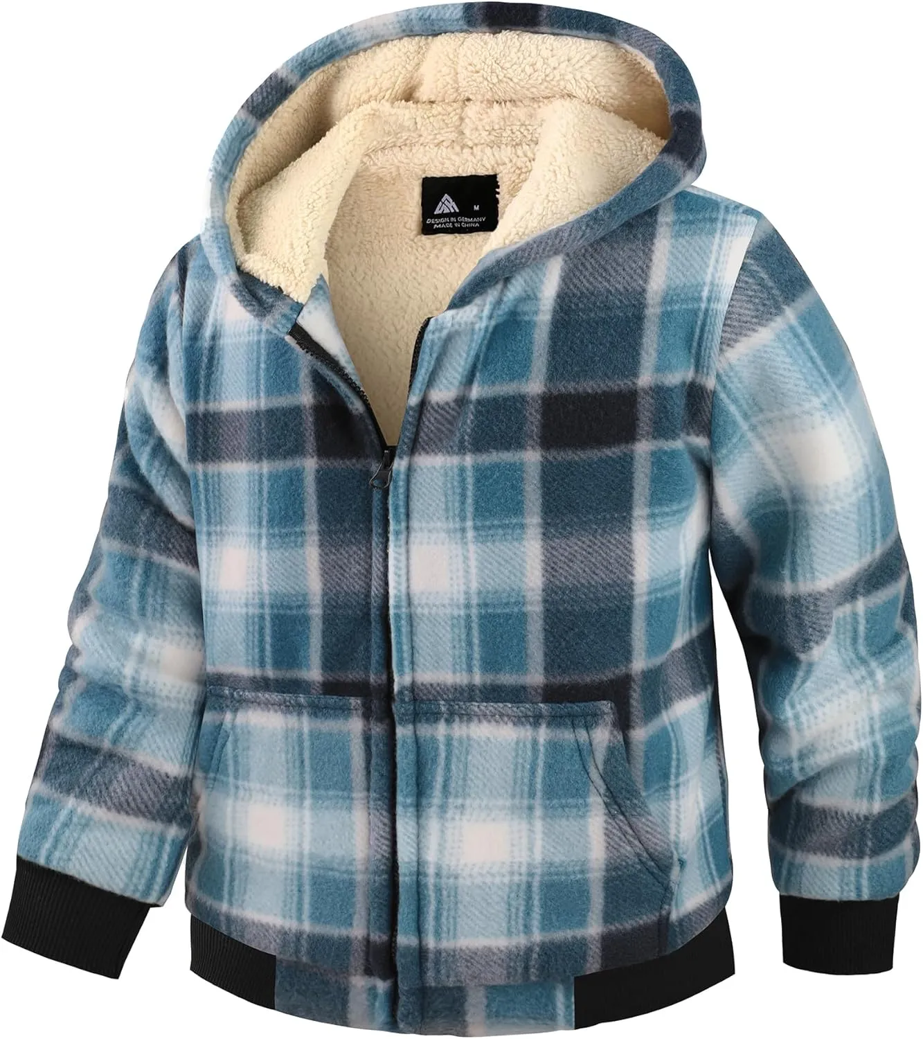 V VALANCH Boys Zipper Hoodie Kid Fleece Lined Plaid Flannel Jacket Winter Coat