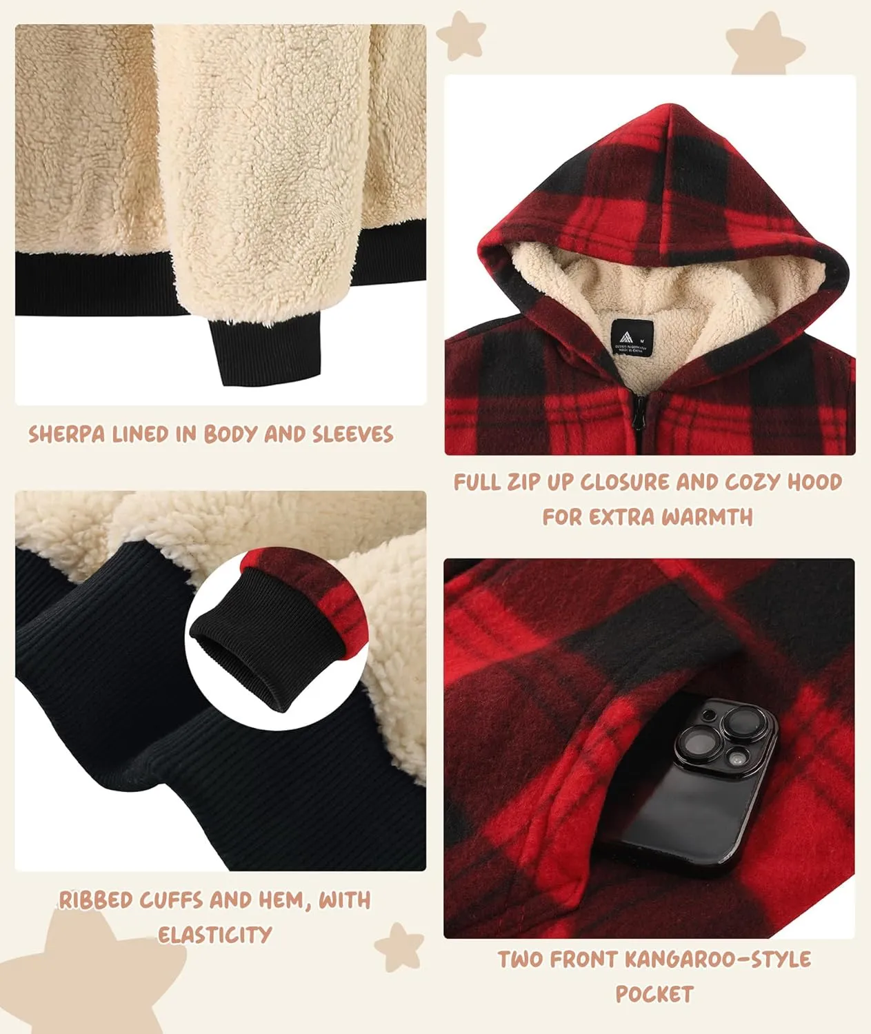 V VALANCH Boys Zipper Hoodie Kid Fleece Lined Plaid Flannel Jacket Winter Coat