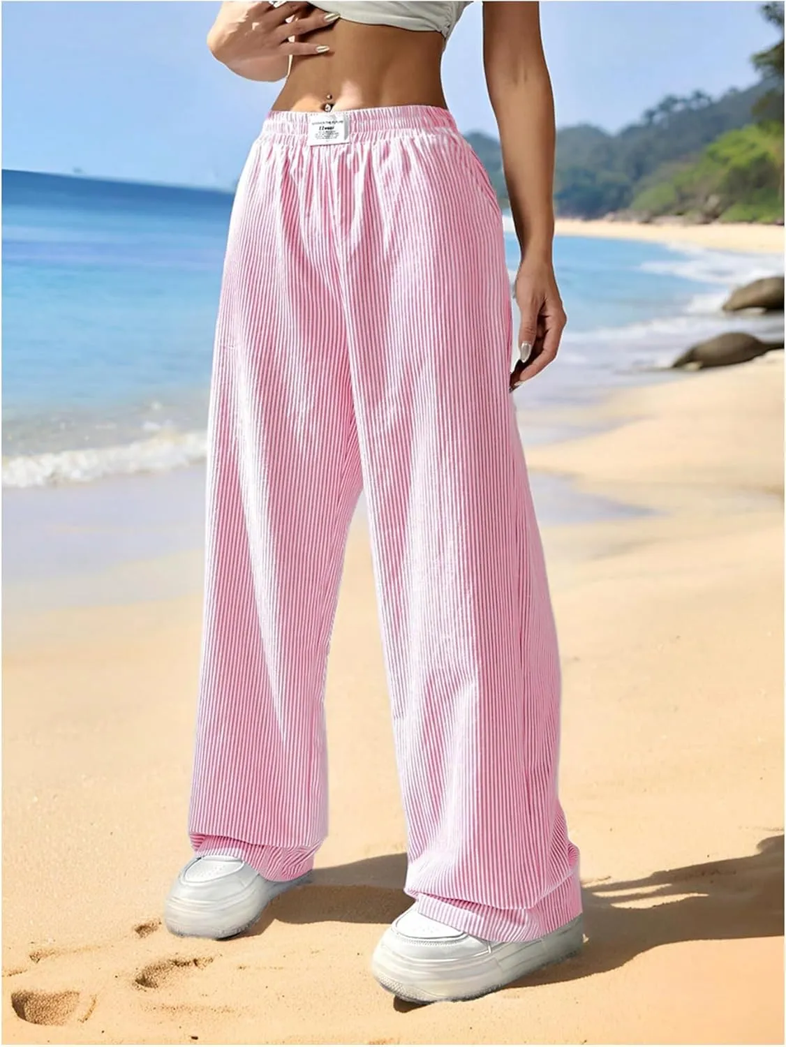 WDIRARA Women's Striped Print Straight Leg Pants Elastic Waist Casual Trousers with Pockets