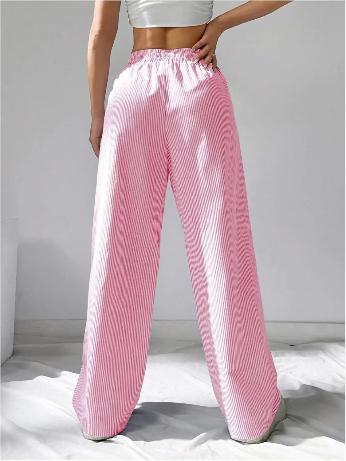 WDIRARA Women's Striped Print Straight Leg Pants Elastic Waist Casual Trousers with Pockets