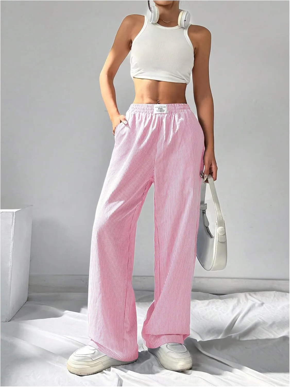WDIRARA Women's Striped Print Straight Leg Pants Elastic Waist Casual Trousers with Pockets