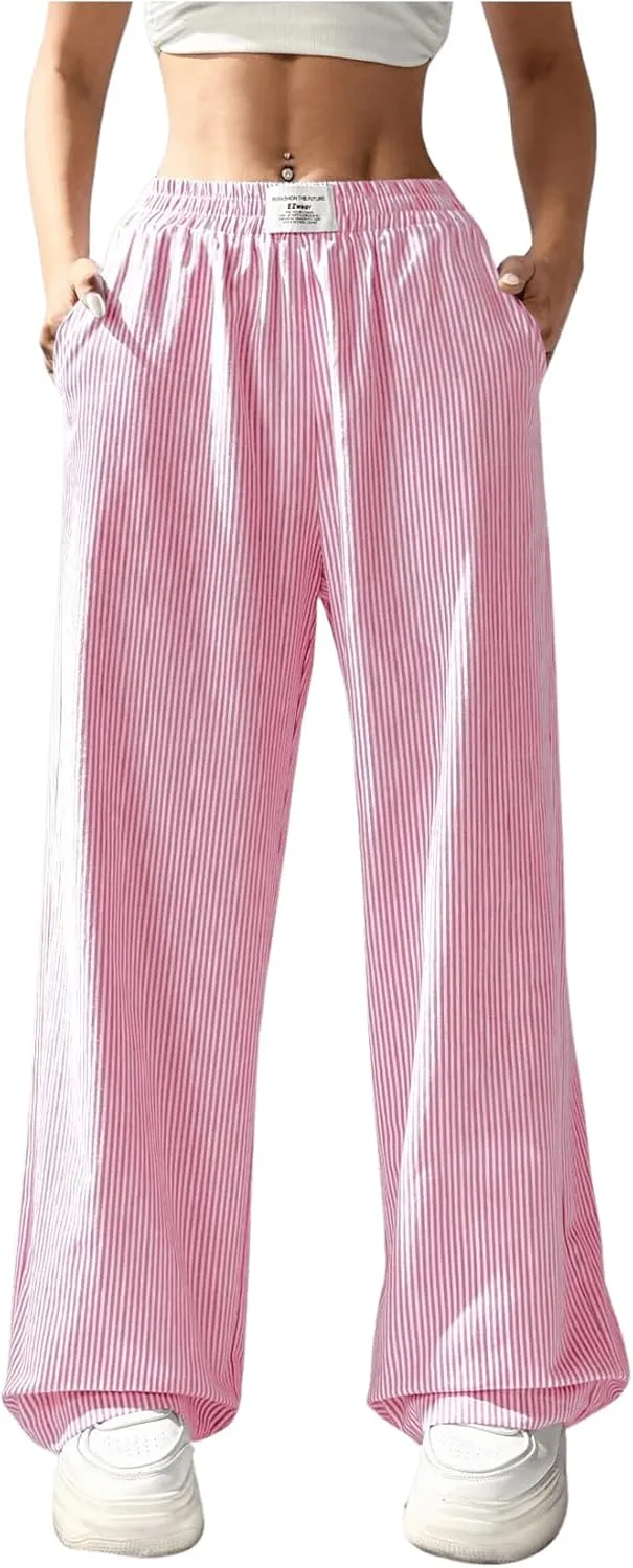 WDIRARA Women's Striped Print Straight Leg Pants Elastic Waist Casual Trousers with Pockets