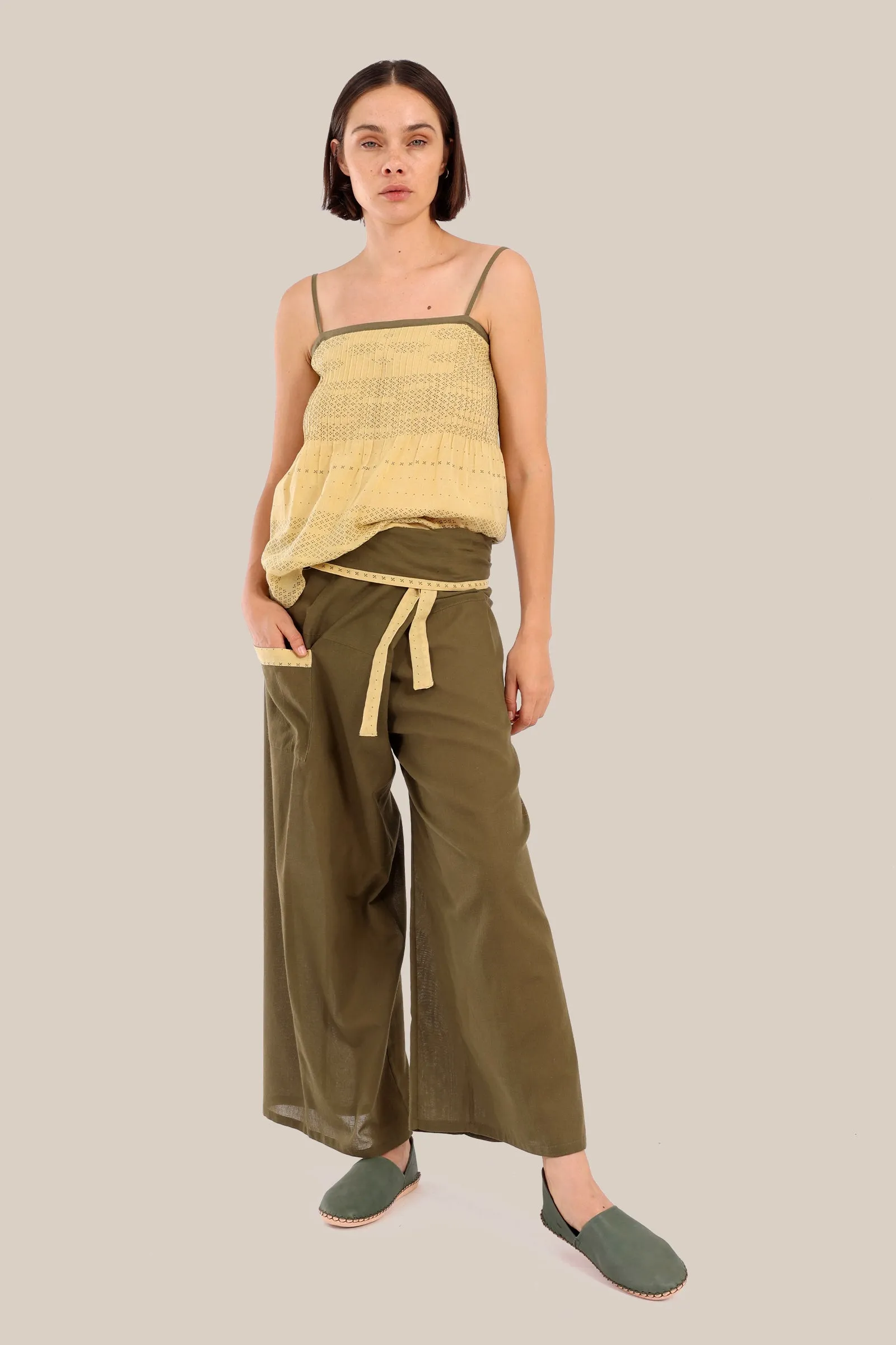 Wide wrap pants with waist fold.