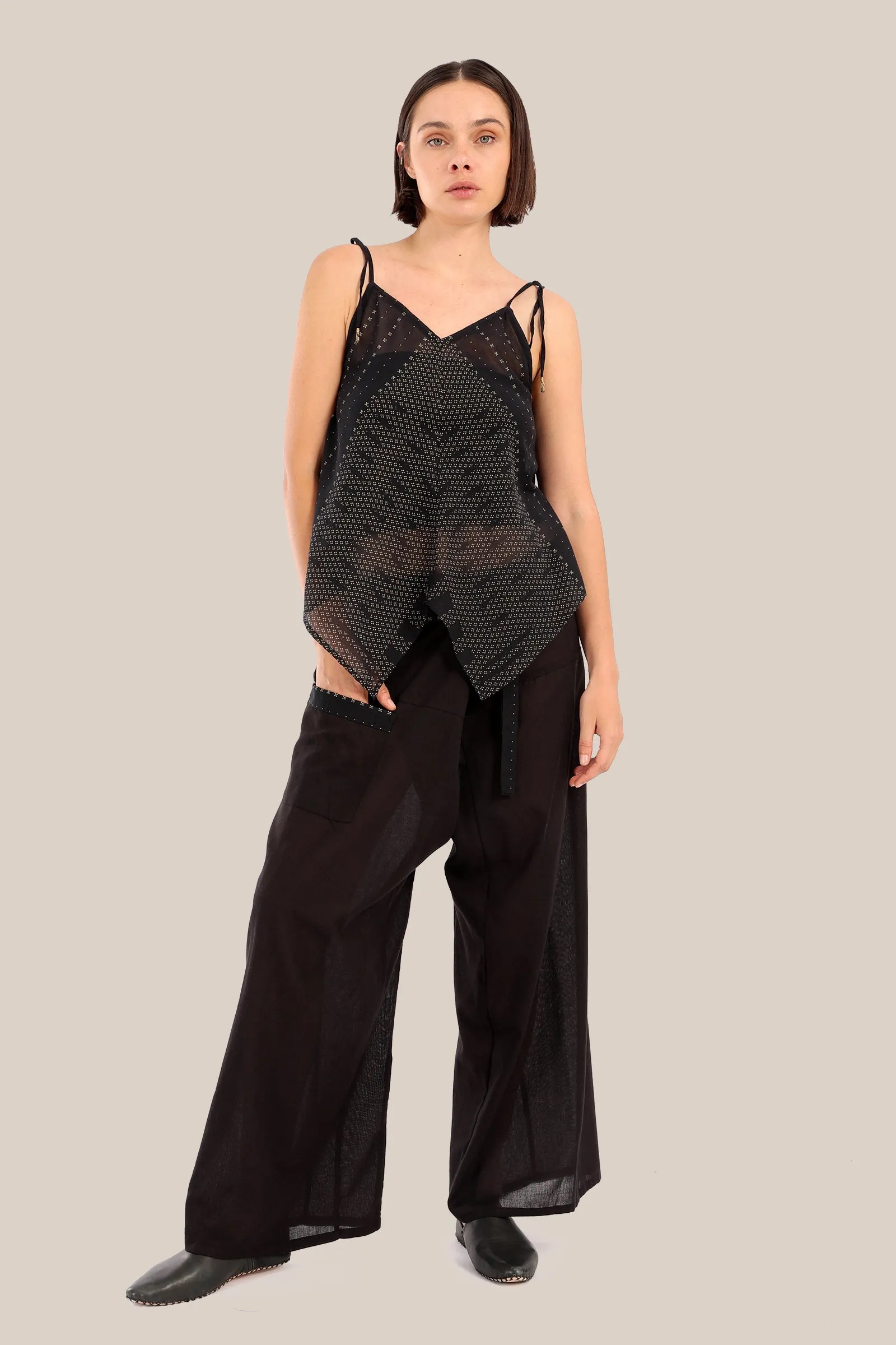 Wide wrap pants with waist fold.