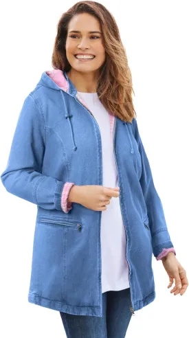 Woman Within Plus Size Flannel-Lined Denim Jacket Removable Hood Long Oversized Jean Coat