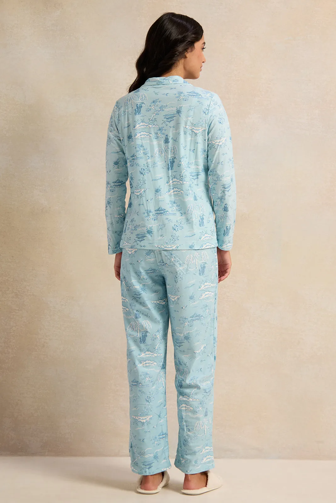 Women Blue Flannel Table Pyjama Set (2 Piece)