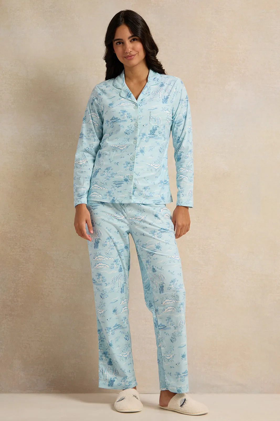 Women Blue Flannel Table Pyjama Set (2 Piece)