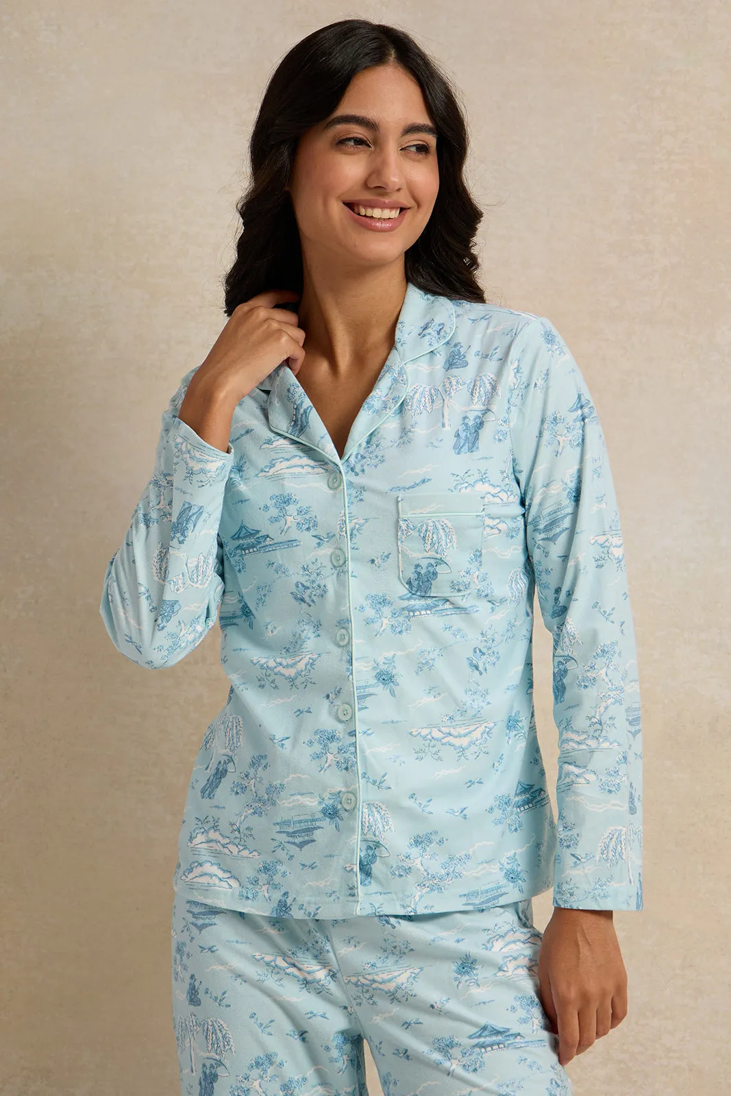Women Blue Flannel Table Pyjama Set (2 Piece)