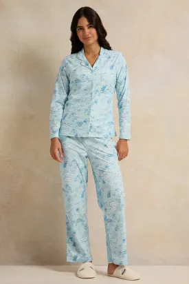 Women Blue Flannel Table Pyjama Set (2 Piece)