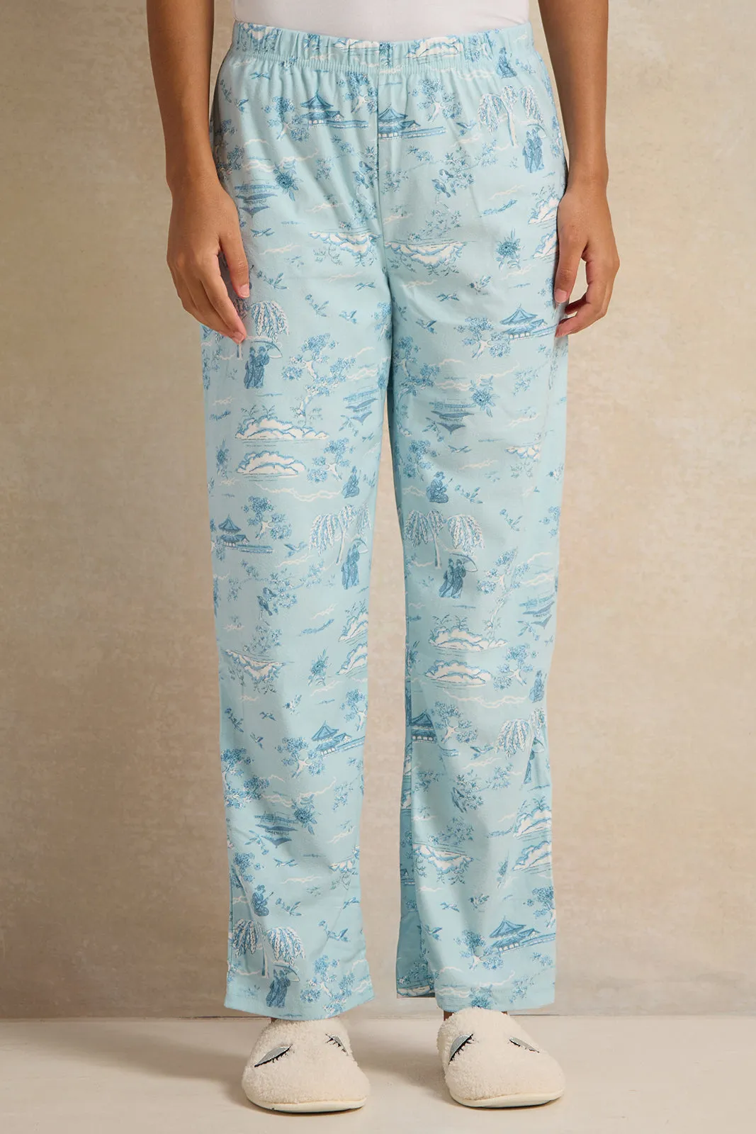 Women Blue Flannel Table Pyjama Set (2 Piece)