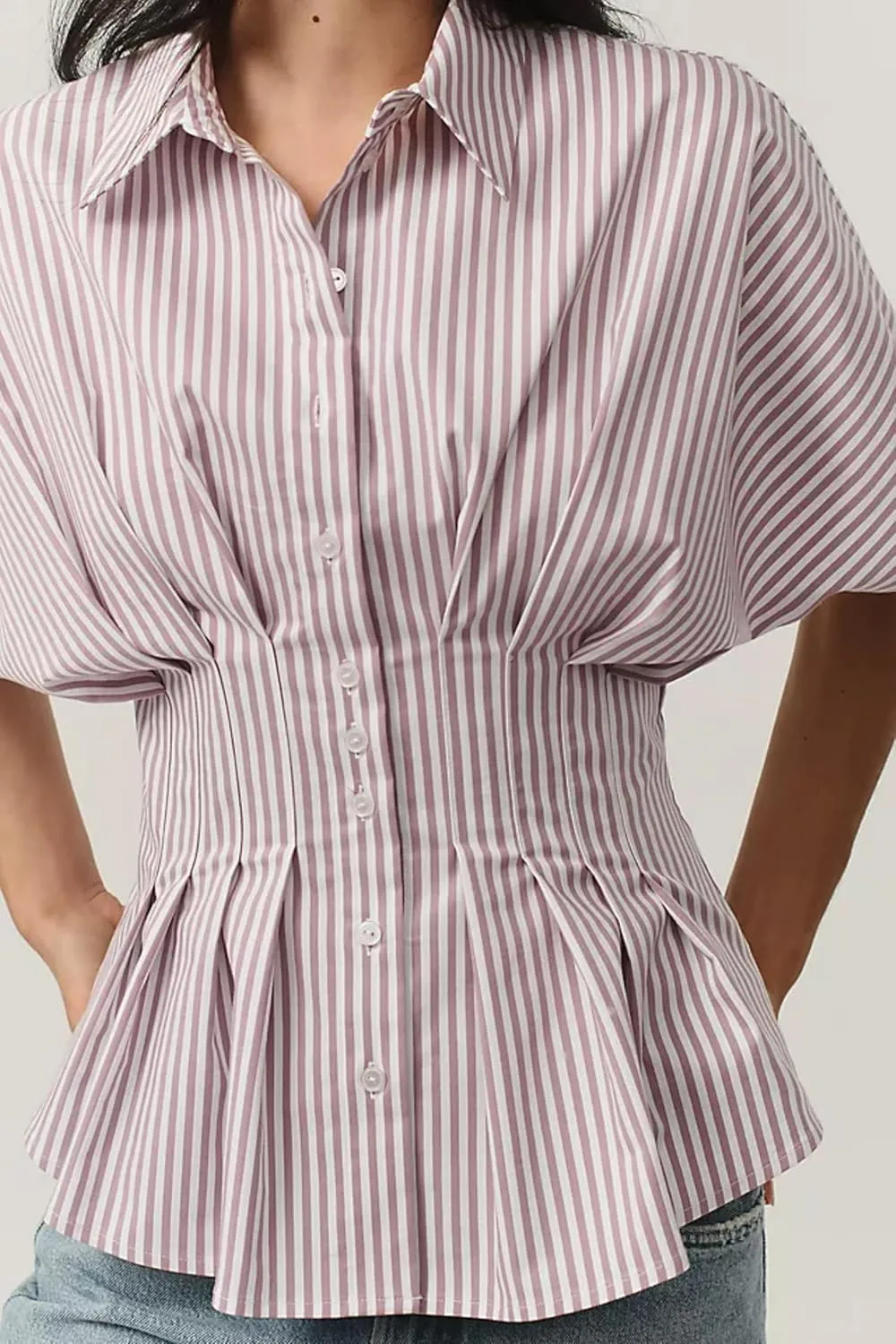 Women Striped Button Down Shirts Short Sleeve Pleated Blouse Peplum Tops 2025 Summer Business Casual Outfits