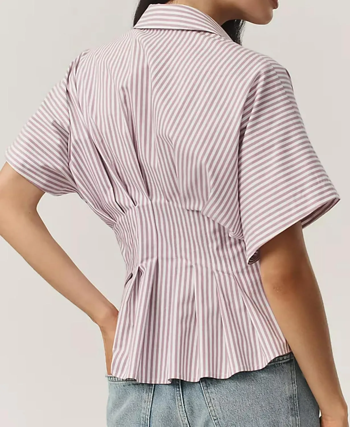 Women Striped Button Down Shirts Short Sleeve Pleated Blouse Peplum Tops 2025 Summer Business Casual Outfits