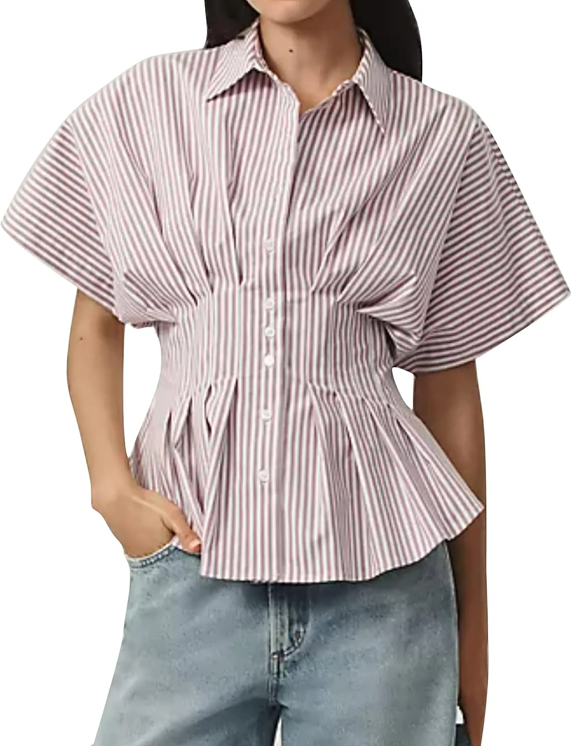 Women Striped Button Down Shirts Short Sleeve Pleated Blouse Peplum Tops 2025 Summer Business Casual Outfits